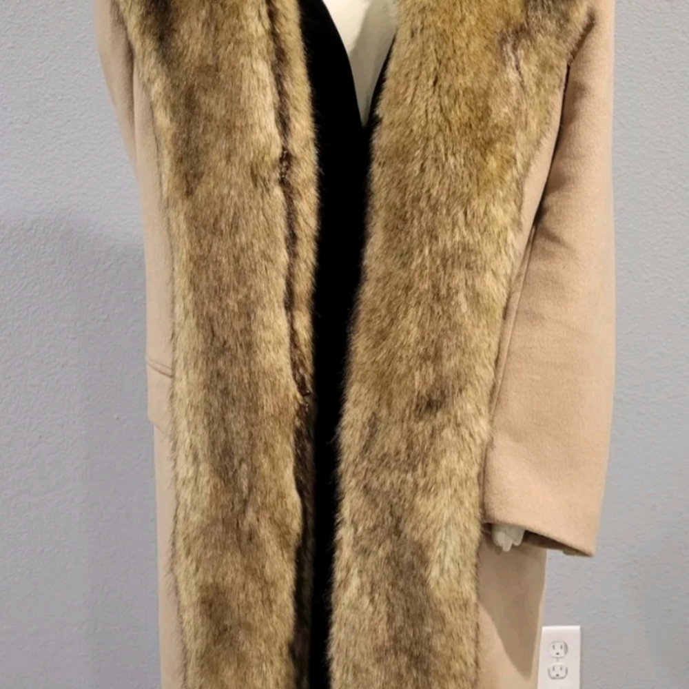 VINTAGE 70s Big Faux Collar Wool Coat Beige Tan BLACK LABEL SIZE L - Picture 4 of 13